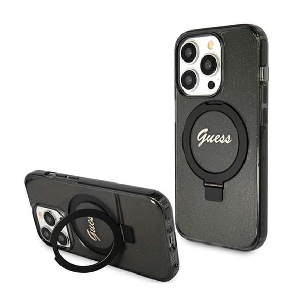 Originalt GUESS Hardcase GUHMP15XHRSGSK til iPhone 15 Pro Max (Kompatibel med Magsafe / Glitter Script Logo / Ring stand / sort)