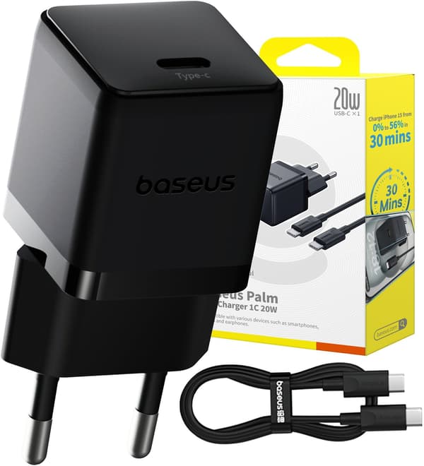 Baseus Palm 1C 20W (sis. Baseus Mini White USB-C 60W (20V/3A) 1m kaapelin) - musta