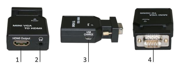 MicroConnect Mini VGA–HDMI-muunnin Mini VGA -kotelo äänitulolla, USB 5V -tulo