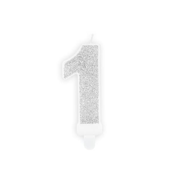 Födelsedagstårta, Nummer 1, Silverglitter, 7 cm. Universal