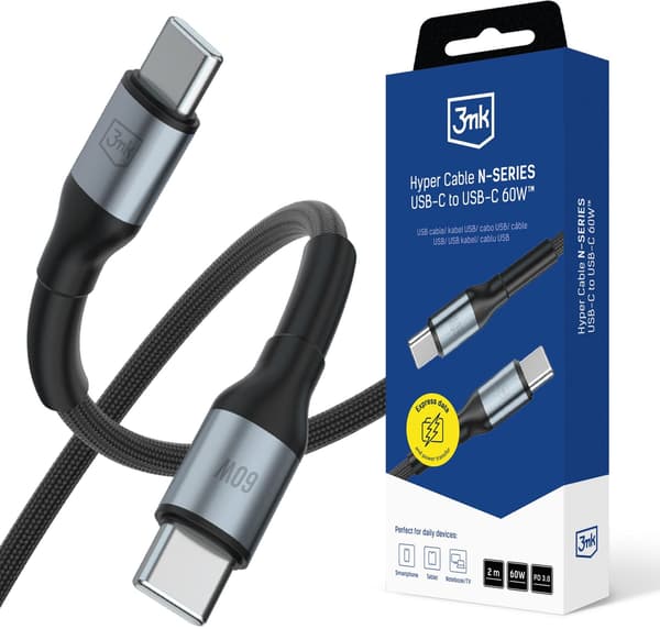 Kaapeli 3MK Hyper Cable N-SARJA USB-C - USB-C 2m 20V/3A 60W musta