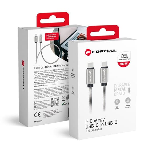 FORCELL-kabel Typ C till Typ C QC4.0 5A/20V PD 100W E-Mark Metall C239 1m silver