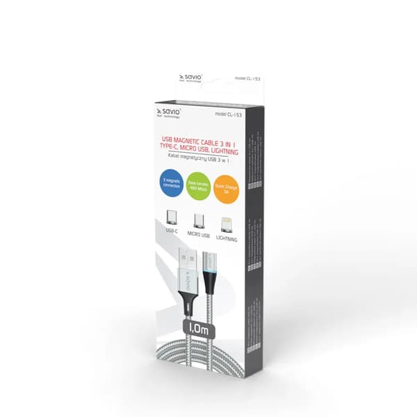 SAVIO MAGNETKABEL USB - USB TYP C, MICRO OCH LIGHTNING, 1M, SILVER CL-153