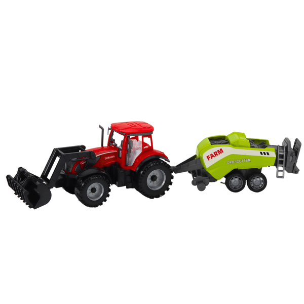 Set med traktor med lastare och jordbrukspress röd