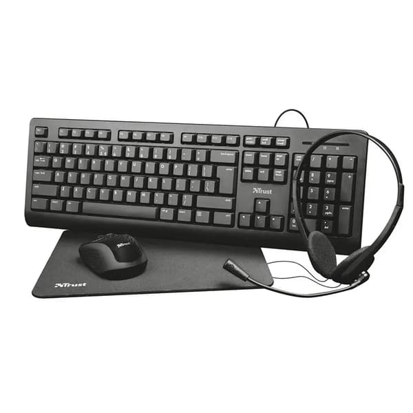 Trust Primo 4-i-1 - Tastatursæt, trådløs mus, headset og musemåtte