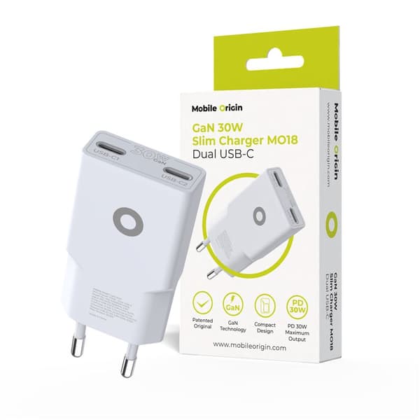 Mobile Origin GaN 30W Slim Laddare TÜV, MO18 - Dubbel USB-C