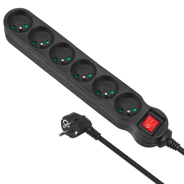 Strømskinne Maclean MCE188 6 stik med afbryder sort 5m 2300W