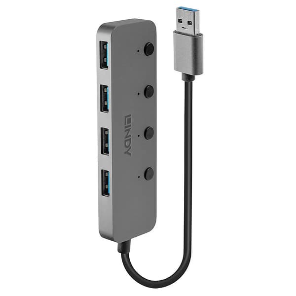 USB 3.0 HUB LINDY På/Av-brytare 4 portar grå