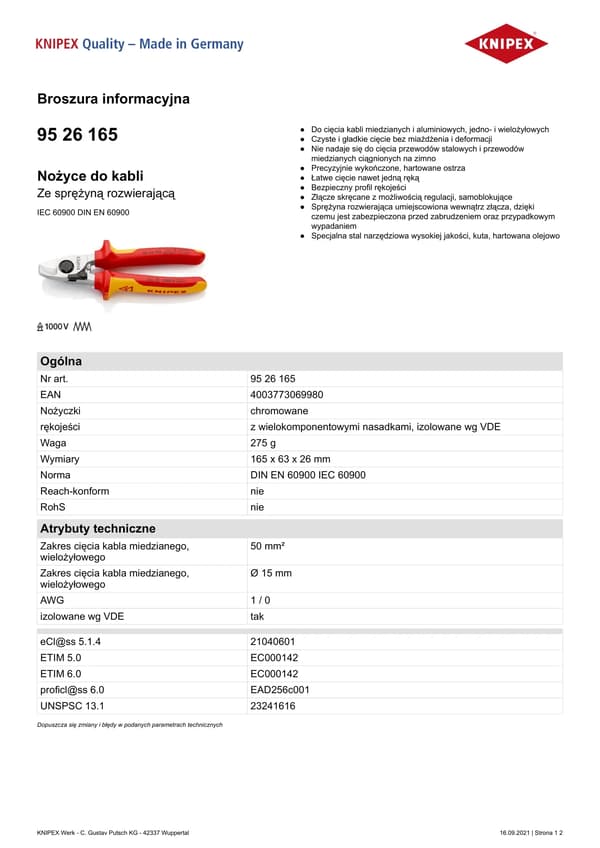 Knipex 95 26 165 cable cutter