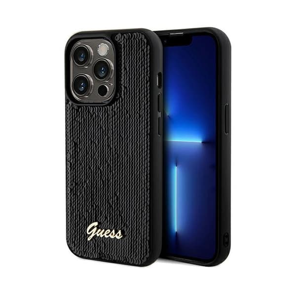 Originalt GUESS Hardcase GUHCP14XPSFDGSK til iPhone 14 Pro Max (Sequin Script Metal / sort)