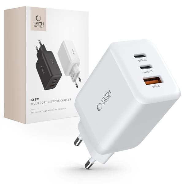 TECH-PROTECT C65W 3-PORTS NETVÆRKSOPLADER PD65W/QC3.0 HVID