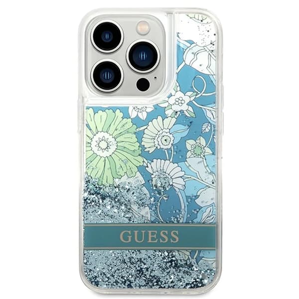 Originalt GUESS Hardcase GUHCP14LLFLSN til iPhone 14 PRO (Liquid Glitter Flower / grøn)