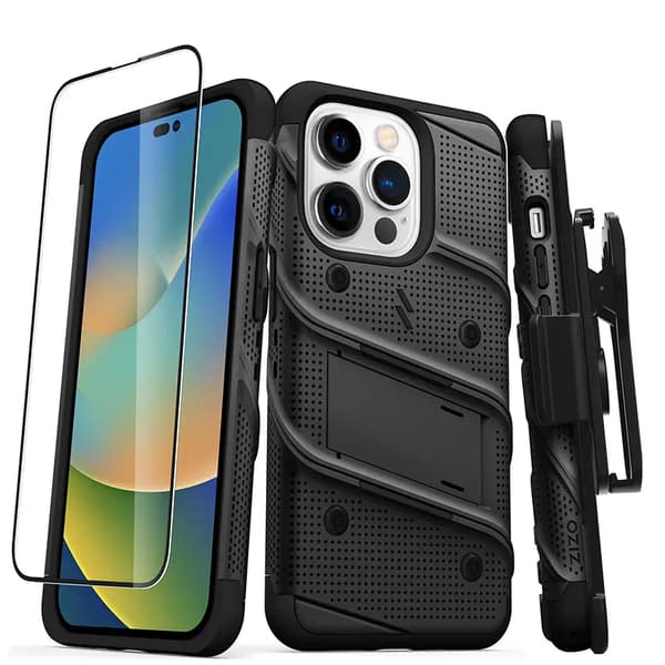 ZIZO BOLT-serien - iPhone 14 Pro 9H Glas Armor Cover til skærm + stativholder (sort)