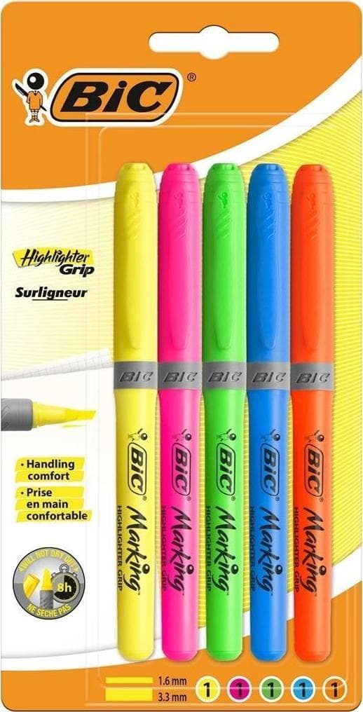 Highlighter Grip Yliviivauskynä 5 väriä BIC