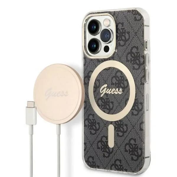 Originalt GUESS GUBPP13XH4EACSK sæt til iPhone 13 Pro Max (Bundle Pack / Kompatibel med Magsafe: Cover + Oplader / 4G / Guld - Sort)