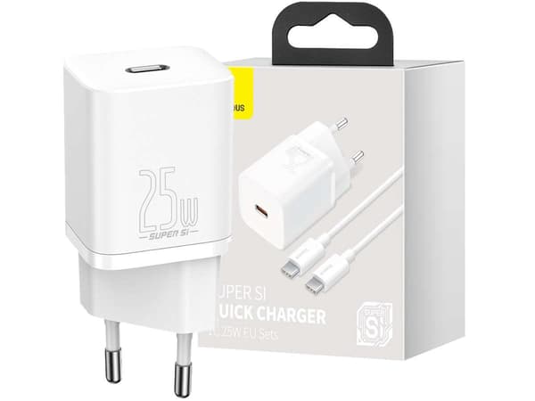 Baseus USB-C PD vægoplader 25W kabel til USB-C Hvid