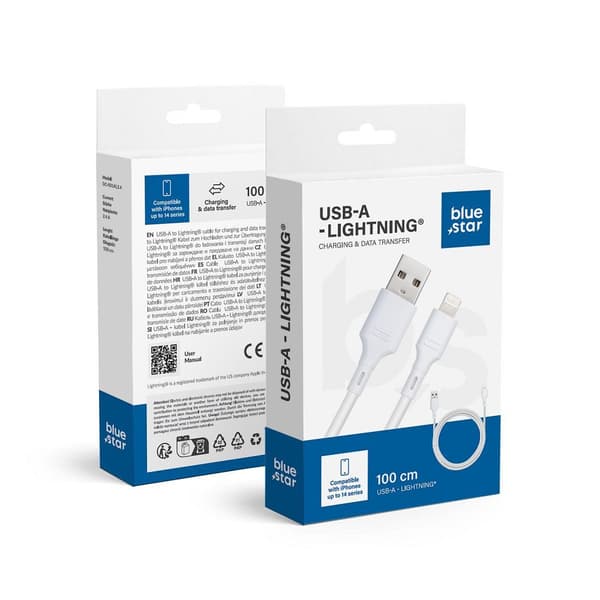 Blue Star-kabel med USB A till iPhone Lightning-kontakt 2.4A - vit