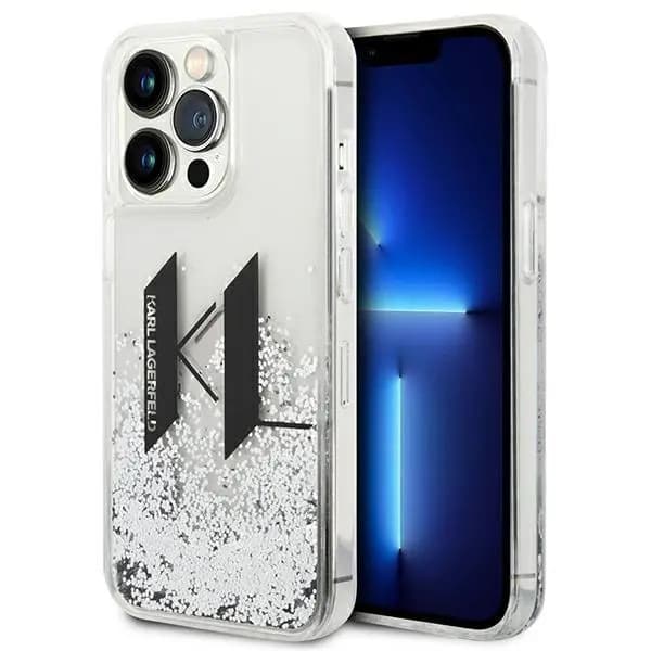 Originalt KARL LAGERFELD Hardcase KLHCP14LLBKLCS til iPhone 14 PRO (Liquid Glitter Big KL Logo / sølv)