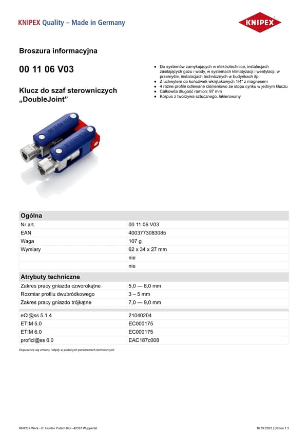 DoubleJoint KNIPEX 00 11 06 V03 ohjauskaapin avain