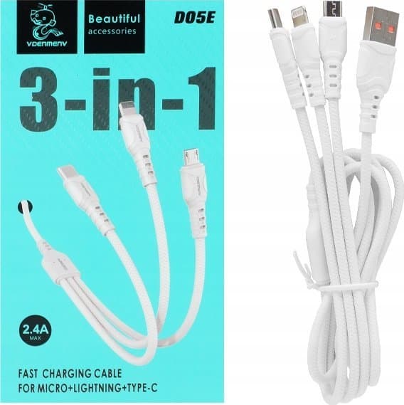 Denmen USB-kabel 3-I-1 USB-KABEL DENMEN HVID 1M D05E>