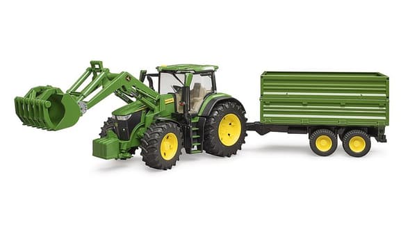 John Deere 7R 350 med frontlæsser og tandemakseltransporttrailer (grøn)