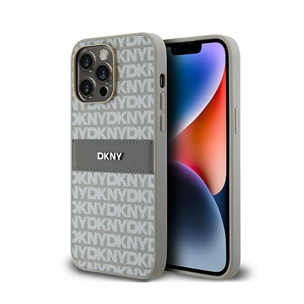 DKNY DKHCP14LPRTHSLE iPhone 14 Pro 6.1\" beige/beige hardcase Läder Mono Stripe & Metall Logotyp