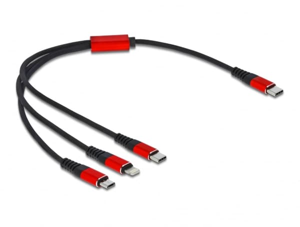 USB-latauskaapeli, USB-C-liitin > Micro-USB+USB-C + Lightning-liitin (musta/punainen, 30 cm, suojus, vain lataustoiminto)