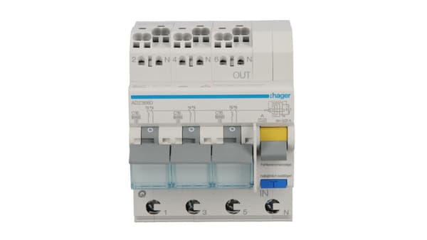 Hager fejlstrømsafbryder 3x1P+N C 16A 0,03A Type A 6kA RCBO (ADZ366D)