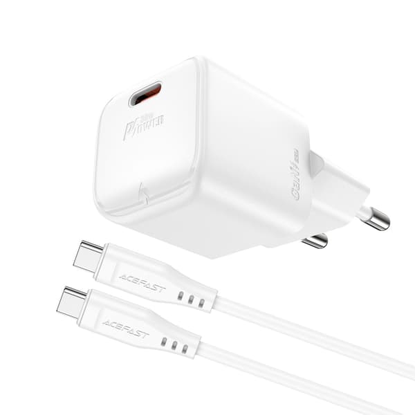 Acefast A77 Mini PD 30W GaN-seinälaturi + USB-C-kaapeli – valkoinen
