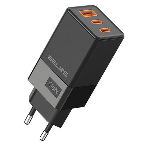 Beline Oplader. net. 2x USB-C + 1x USB 65W sort (kun hoved) PD 3.0 + QC 3.0 BLN3CB65 GaN