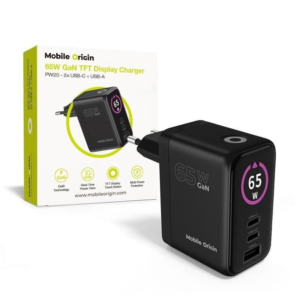 Mobile Origin 65W GaN-näyttölaturi PW20 - 2x USB-C + USB-A
