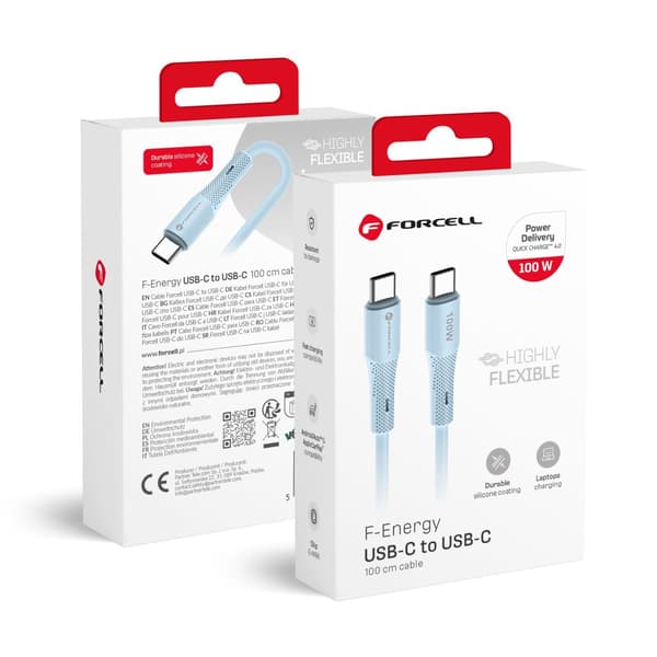 USB C - USB C -kaapeli Forcell F-Energy QC4.0 PD 5A 100W silikoni 1 m C347 sininen