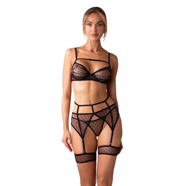 Obsessive Nuites 3-delt lingerisæt sort L/XL - Prikket design