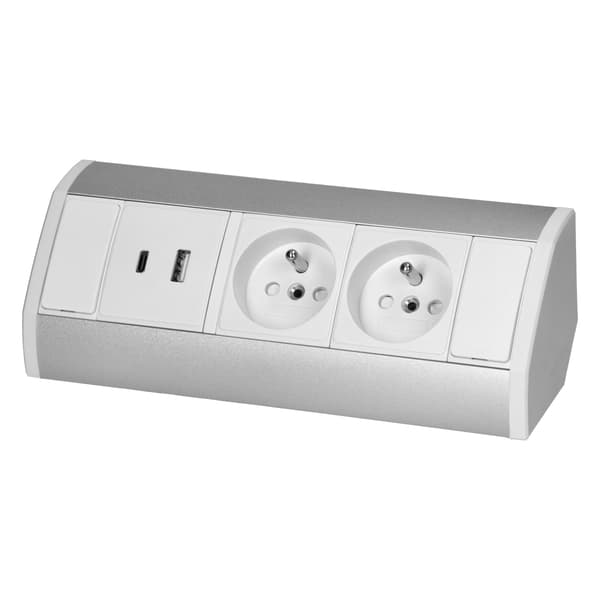 Kalustepistorasia 2x2P+Z, 2xUSB (tyyppi A+C; 2,4A), valkoinen-hopea