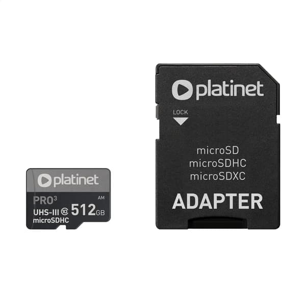PLATINET MICROSDXC SECURE DIGITAL + SD-SOVITIN 512GB luokka10 U3 A2 90MB/s [45095]