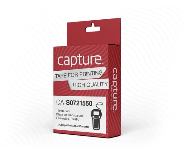 Capture 12mm x 4m sort på gennemsigtig plasttape