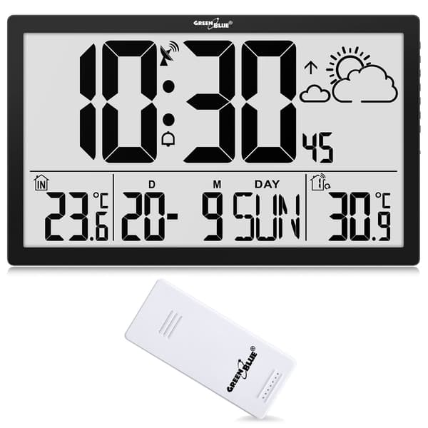 LCD-väggklocka mycket stor GreenBlue, temperatur, datum, GB218