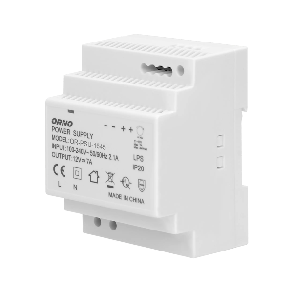 DIN-kisko virtalähde 12VDC, 7A, 84W, leveys 4 moduulia