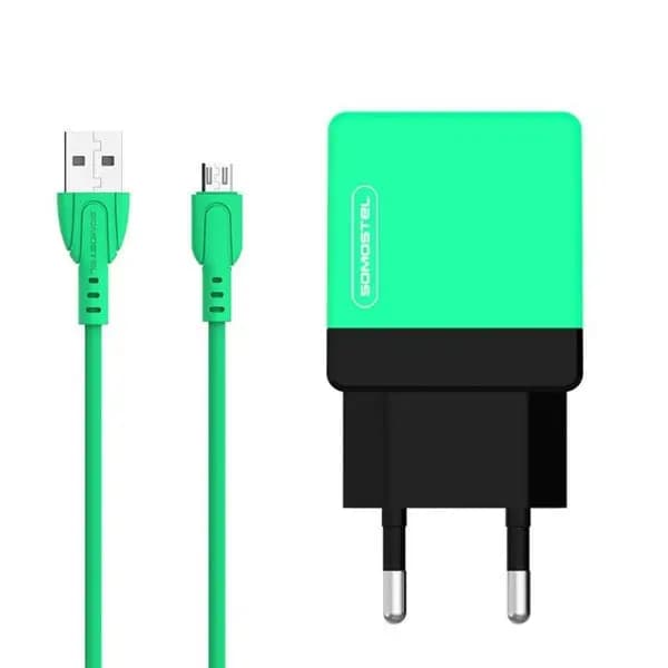 SOMOSTEL NETVÆRKSLADER 2A+ MICRO USB-KABEL GRØN SOMOSTEL 2100MAH 2XUSB DUAL SMS A53 SMS A53 GRØN