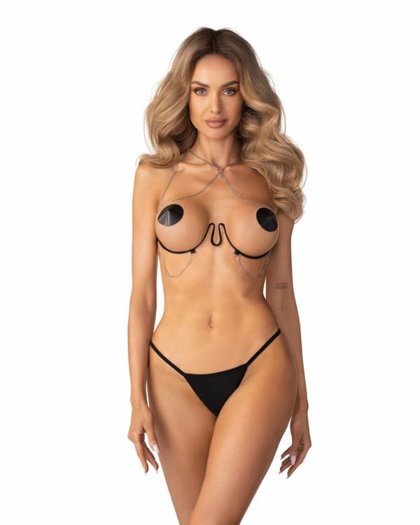 Obsessive Lustique Harness BH Sort - Justerbar Dekorativ Kæde Top S/M/L
