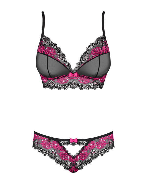 Obsessive Tulia Set S/M - Mesh & Spets Tvådelad Underkläder, Rosa Accenter