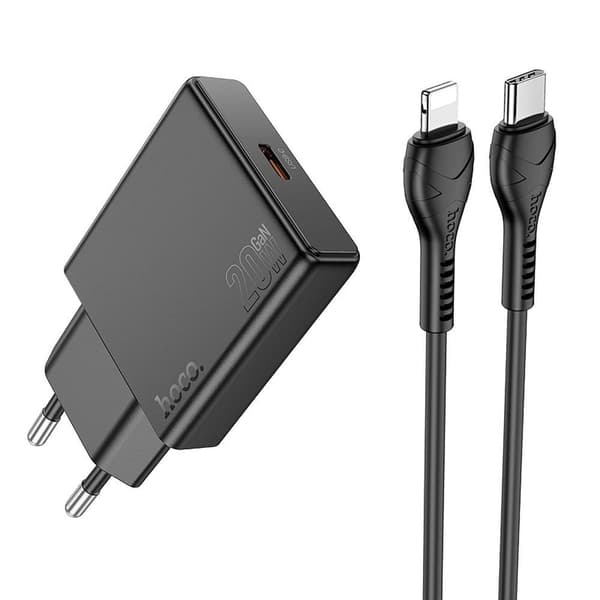 Hoco Slim USB C QC PD 30W -seinälaturi + USB C - Lightning N37 -kaapeli, musta