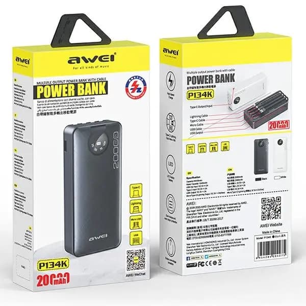 AWEI POWERBANK P134K 20000MAH SORT / SORT DISPLAY + USB / PD / LIGHTNING / MICROUSB KABLER
