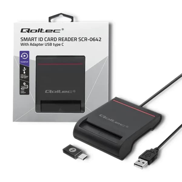 Qoltec SCR-0642 ID Chipkortlæser | USB 2.0 + USB-C Adapter