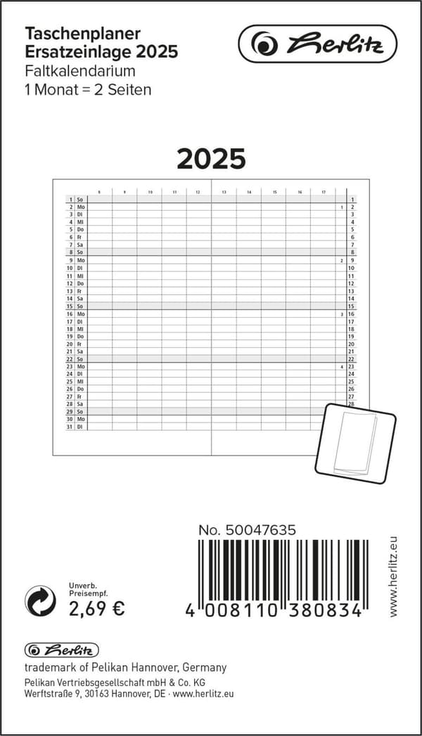 Herlitz Herlitz taskukalenterin vaihtotäyttö Leporello-taitolla