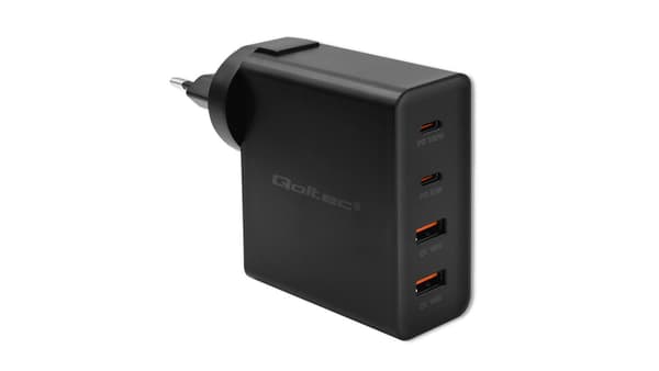 Qoltec GaN POWER PRO Batterioplader | 2xUSB-C | 2xUSB | 130W | 5-20V | 1.5-5A | PD | Sort