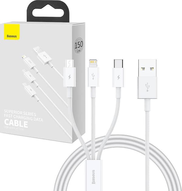 Quick Charge USB til M+L+C Baseus Superior Data 3.5A 1m (Hvid)