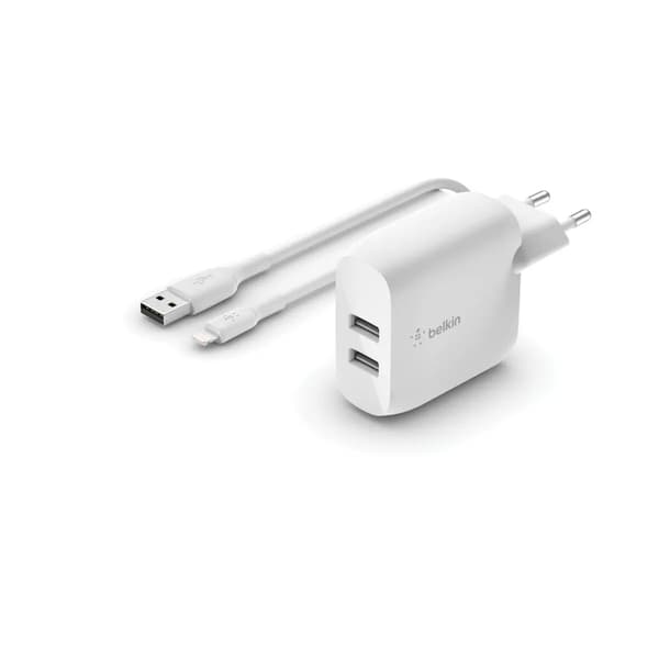 Belkin Dobbelt USB-A Oplader, 24W inkl. Lightning Kabel 1m, hvid