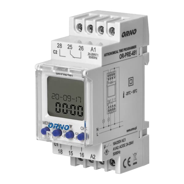 Elektronisk astronomisk og timer-programmer, 100 programmer, 3 menusprog, 2 relæudgange MAX.16A/230V, bredde 2 moduler, DIN TH-35mm