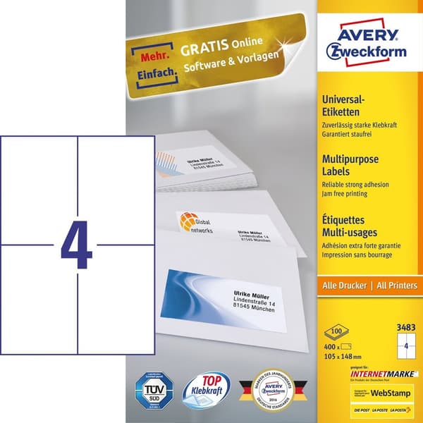 Avery Zweckform, Avery Etiketter 105 x 148 mm, A4 (3483)